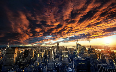 город небоскребов, нью-йорк под пасмурным небом, природа, пейзаж, облака, закат, нью-йорк, городской пейзаж, небоскреб, архитектура, городской, небо, здание, HD обои HD wallpaper