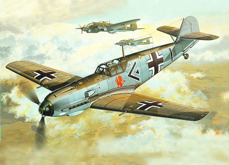 II wojna światowa, Messerschmitt, Messerschmitt Bf-109, Luftwaffe, samoloty, wojsko, dzieło, samoloty wojskowe, Niemcy, Tapety HD