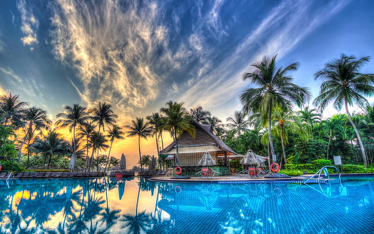 Hintergrundbilder von Palm Trees Pool Orange Sky Sunset 4k für Desktop-Handys 3840 × 2400, HD-Hintergrundbild