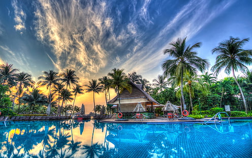 Hintergrundbilder von Palm Trees Pool Orange Sky Sunset 4k für Desktop-Handys 3840 × 2400, HD-Hintergrundbild HD wallpaper
