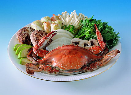 Gebratene Krabben mit Gemüse, Lebensmittel, Gemüse, Kräutern, Pilzen, Krabben, Gericht, HD-Hintergrundbild HD wallpaper