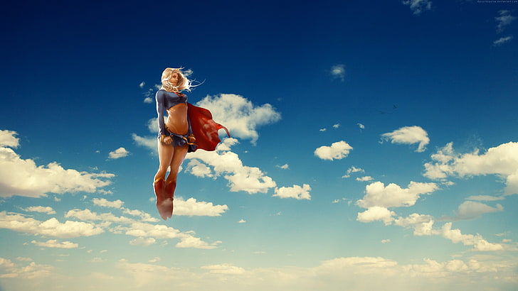Supergirl тапет, червенокоса жена аниме илюстрация, Supergirl, небе, облаци, аниме, летящ, блондинка, супергерой, произведения на изкуството, DC Comics, супергерои, нос, дигитално изкуство, HD тапет