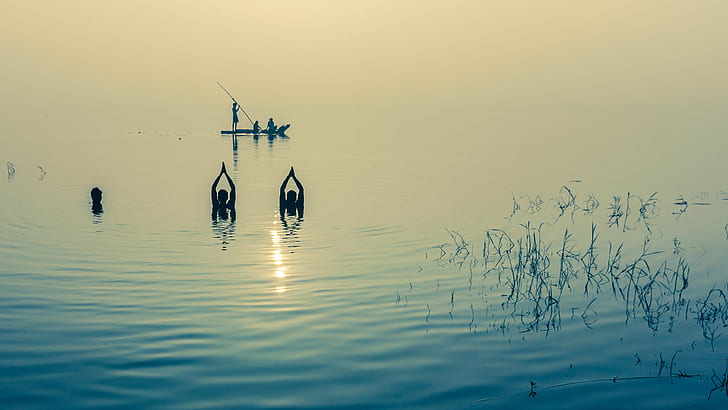 tres personas en el lago cerca del barco, mañana, bellezas, personas, lago, barco, pescadores, agua, minimalismo, mínimo, tiempo, gran angular, Chennai, paisaje, mar, naturaleza, embarcación náutica, puesta de sol, reflexión, Fondo de pantalla HD