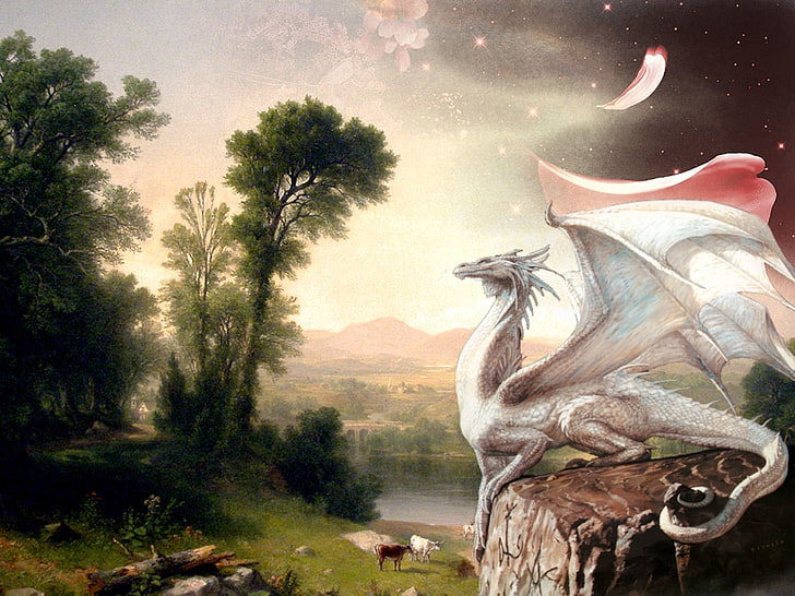 white dragon illustration, Fantasy, Dragon, White Dragon, HD wallpaper
