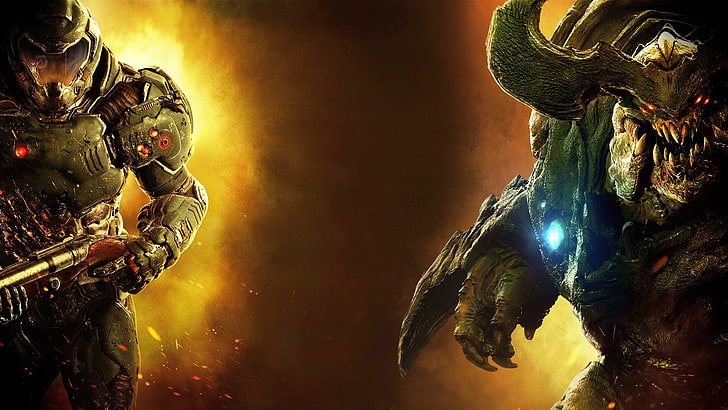 Poster permainan Halo, iblis, tentara, baju besi, senapan, DOOM, Wallpaper HD
