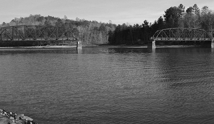 black and white, bridge, gap, lake, steel trusses, HD wallpaper