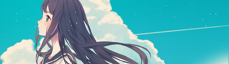 wallpaper karakter anime berambut hitam, gadis anime, langit, awan, rambut hitam, seragam sekolah, Wallpaper HD