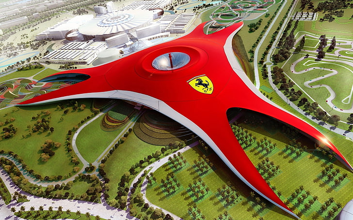 bingkai tempat tidur mobil merah dan hitam, Ferrari World, Ferrari, Abu Dhabi, bangunan, kota, lanskap kota, Wallpaper HD