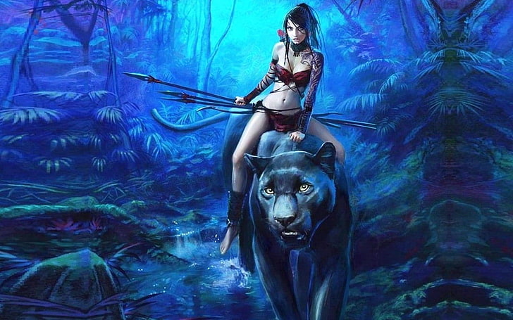 girl riding on black panther illustration, fantasy art, fantasy girl, HD wallpaper
