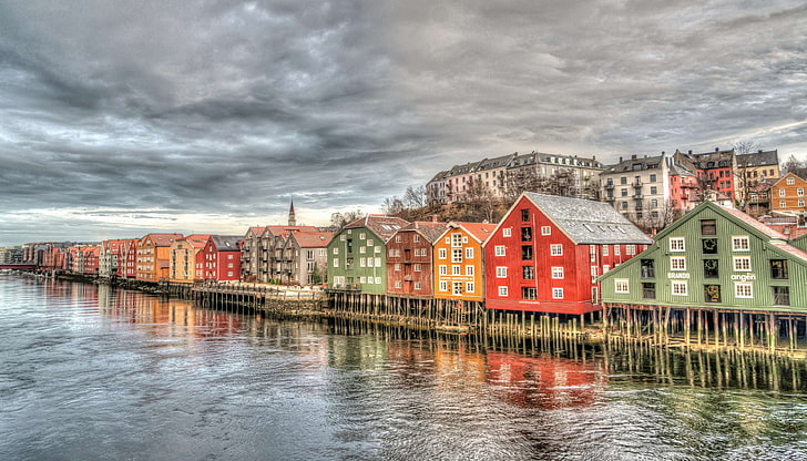 архитектура, мост, сграда, цветен, Европа, забележителност, Норвегия, река, Скандинавия, небе, туризъм, турист, Трондхайм, HD тапет