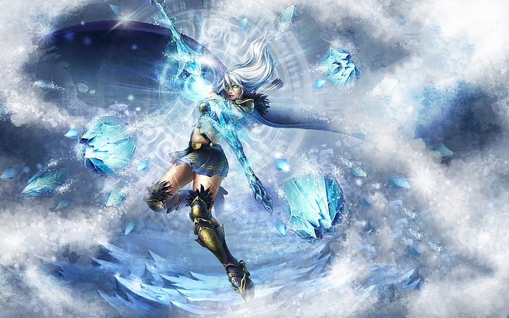 weißhaarige weibliche Tapete, Frau, die Bogen mit digitaler Tapete des Eispfeiles, League of Legends, Ashe hält, HD-Hintergrundbild