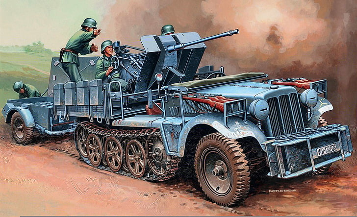 青い軍用戦車、芸術、戦い、ドイツ語、WW2、トラクター、データベース、Dema、ハーフトラック、FlaK30、FlaK30、Sd.Car.10-4、 HDデスクトップの壁紙