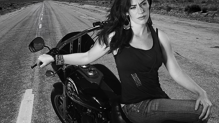 women's tank top, Sons Of Anarchy, Maggie Siff, monochrome, women, actress, women with bikes, tank top, jeans, HD wallpaper