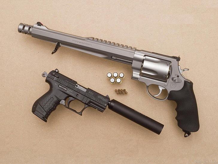 black semi-automatic pistol, gun, revolver, pistol, suppressors, Walther P22, HD wallpaper