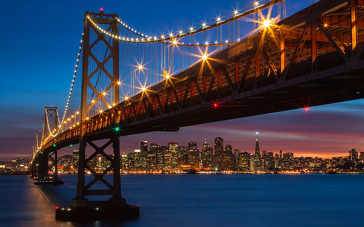Oakland Köprüsü Köprüsü San Francisco okyanus ışıkları binalar gökdelenler HD, okyanus, binalar, cityscape, gökdelenler, köprü, ışıklar, san, francisco, meşe, HD masaüstü duvar kağıdı