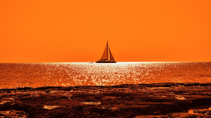 water, afterglow, dusk, catamaran, evening, 5k, 5k uhd, ocean, wave, sailboat, calm, sunset, sky, sea, orange sky, horizon, sailing ship, sailing, HD wallpaper