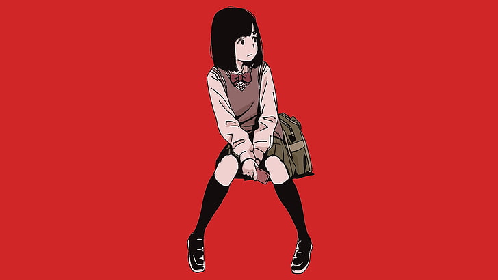 anime, manga, anime girls, simple background, minimalism, schoolgirl, red background, HD wallpaper