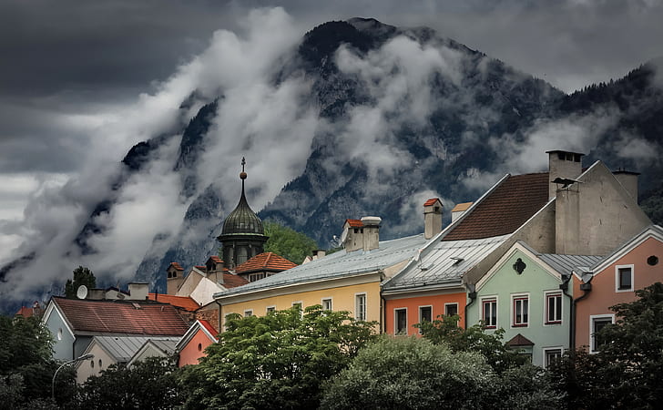 clouds, mountains, the city, home, Austria, Tyrol, Innsbruck, HD wallpaper