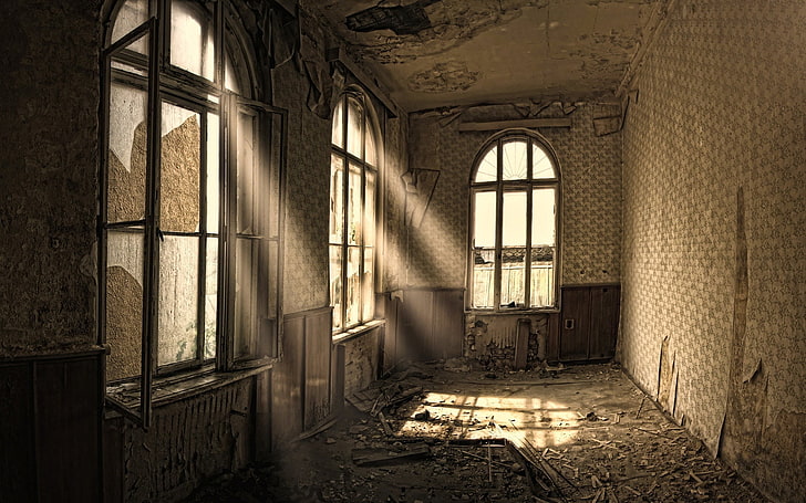 quarto abandonado, construção, velho, quarto, ruína, janelas, HD papel de parede