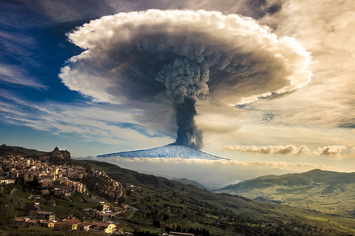 volcano eruption, nature, volcano, eruption, Sicily, Italy, snowy peak, mushroom, smoke, sky, clouds, town, mountains, photography, Mount Etna, HD wallpaper