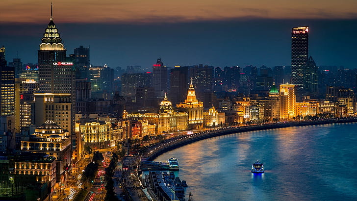 Shanghai, Kina, Asien, stadsnatt, flod, båtar, ljus, byggnader, Flygfoto över staden under natten, Shanghai, Kina, Asien, Stad, Natt, Flod, Båtar, Ljus, Byggnader, HD tapet