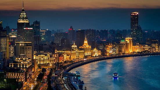 Xangai, China, Ásia, noite da cidade, rio, barcos, luzes, edifícios, vista aérea da cidade durante a noite, Xangai, China, Ásia, Cidade, noite, rio, barcos, luzes, edifícios, HD papel de parede HD wallpaper