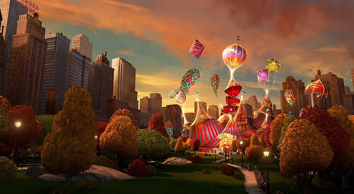 Madagascar 3 Europe's Most Wanted New..., assorted-color balloons and buildings illustration, Cartoons, Madagascar, York, Circus, Most, Wanted, Europe's, HD wallpaper