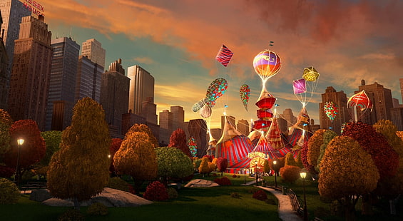 Madagascar 3 Europe's Most Wanted New..., assorted-color balloons and buildings illustration, Cartoons, Madagascar, York, Circus, Most, Wanted, Europe's, HD wallpaper HD wallpaper