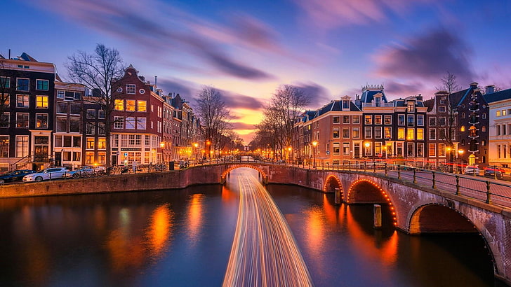 reflection, waterway, cityscape, sky, canal, city, light trails, evening, dusk, europe, eu, amsterdam, HD wallpaper