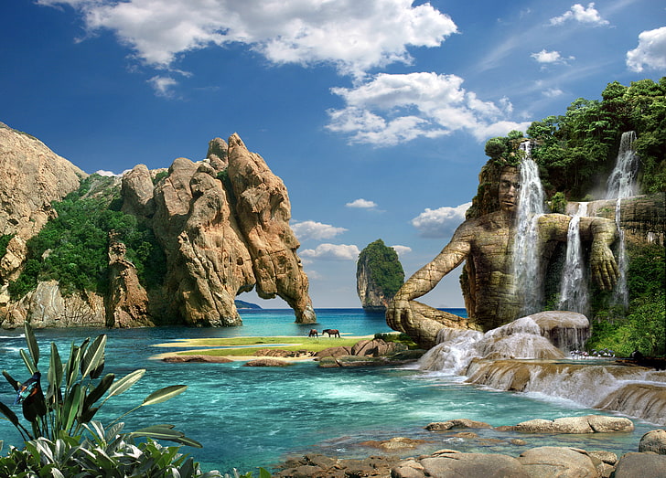 waterfalls, sea, mountains, nature, stones, rocks, waterfall, stone man, HD wallpaper