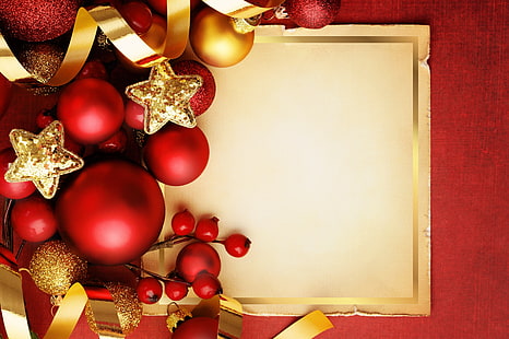 bordo a tema natalizio bianco e marrone, decorazione, palline, Capodanno, Natale, rosso, Natale, Allegro, Sfondo HD HD wallpaper