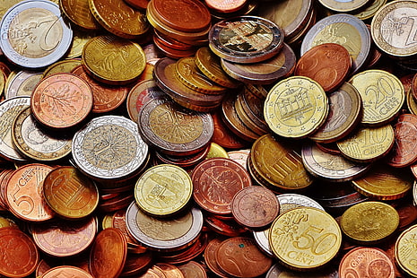 monete, valuta, euro, centesimi di euro, finanza, spiccioli, denaro metallico, soldi, specie, moneta, Sfondo HD HD wallpaper