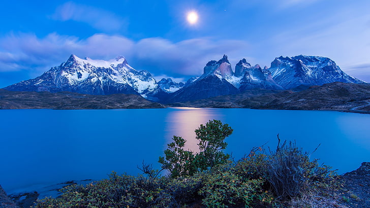 แสงจันทร์, ท้องฟ้า, อุทยานแห่งชาติ Torres del Paine, ภูเขา, ความเป็นป่า, ดวงจันทร์, เทือกเขา, ทะเลสาป, น้ำ, กลางคืน, Torres del Paine, ชิลี, Patagonia, อุทยานแห่งชาติ, ทะเลสาบ Pehoe, วอลล์เปเปอร์ HD