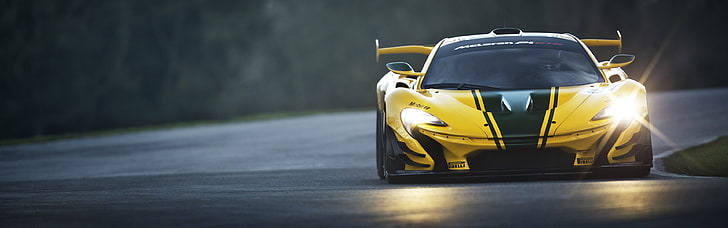 gelbes Superauto, McLaren P1 GTR, Rennstrecken, Auto, Doppelmonitore, Mehrfachanzeige, HD-Hintergrundbild