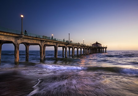 people crossing bridge near body of water, Surf, LA, Night, Passes, people, bridge, body of water, d2x, Hdr, Portfolio, California, Los Angeles, manhattan  beach, surfing, night  sun, horizon, sky, gradation, deep  blues, illusion, optical, giant, full  moon, space, earth, dreamy, surreal, Photographer, Pro, Nikon, Photography, Panorama, details, Perspective, Shot, Shoot, Capture, Image, Picture, Edge, Angle, lines, Composition, Processing, Treatment, Framing, Unique, Background, romance, love, romantic, colors, landscape, water, sea, beach, sunset, bridge - Man Made Structure, nature, HD wallpaper HD wallpaper