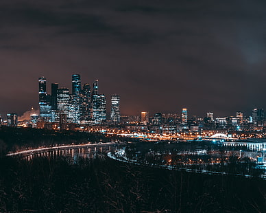 градски сгради, град, Москва, Русия, светлини, нощ, HD тапет HD wallpaper