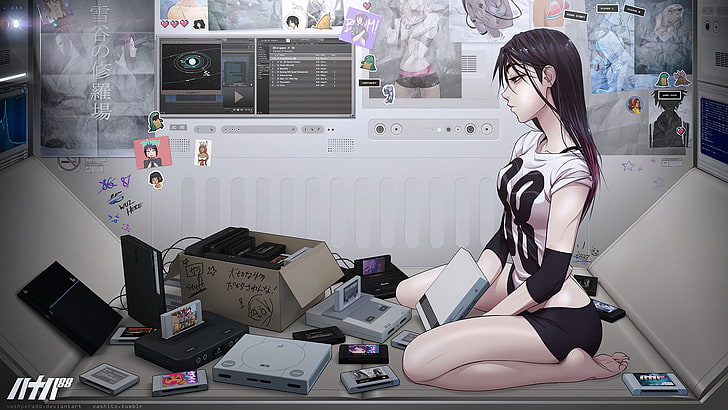black haired female anime character, female anime character on table, 88 Girl, anime, anime girls, PlayStation, Space Invaders, spaceship, video games, DeviantArt, long hair, legs, consoles, star trails, gamers, DubstepGutter, HD wallpaper