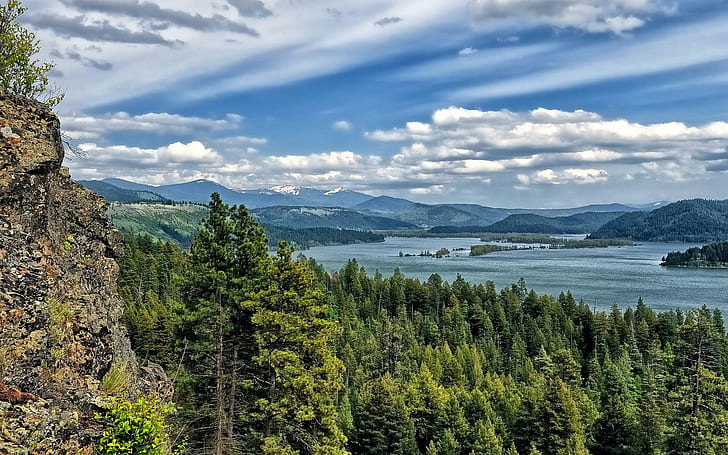 Lake Coeur Dalene Nature Landscapes Mountains Trees Forest Sky Clouds Scenic Cliff High Resolution Images, pine forest, lakes, cliff, clouds, coeur, dalene, forest, high, images, lake, landscapes, mountains, nature, resolution, scenic, trees, HD wallpaper