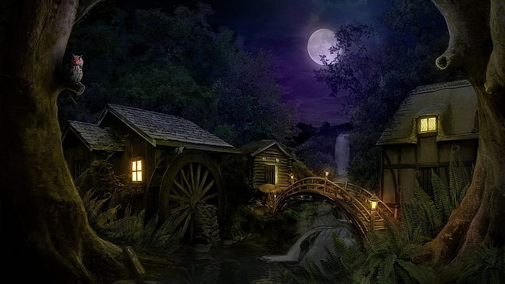 暗闇、夜、村、月、満月、真夜中、月明かり、水車小屋、 HDデスクトップの壁紙