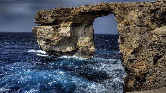 скала, естествена арка, море, крайбрежие, скала, лазурен прозорец, Малта, скално образувание, стек, океан, HD тапет HD wallpaper