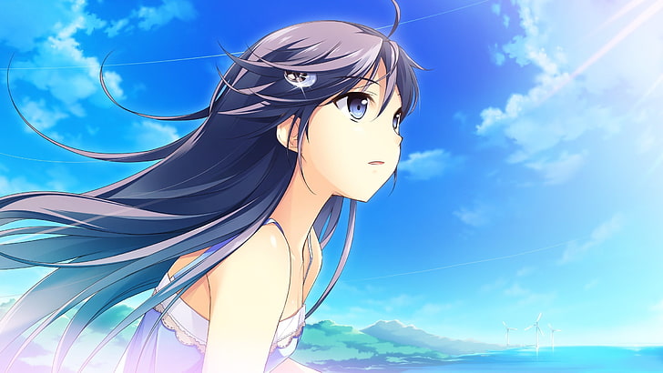 Anime-Charakter, Anime, Anime-Mädchen, Wenn mein Herz Flügel hätte, Misagi Isuka, Bildroman, Haare, langes Haar, blaue Augen, wegschauen, nackte Schultern, HD-Hintergrundbild