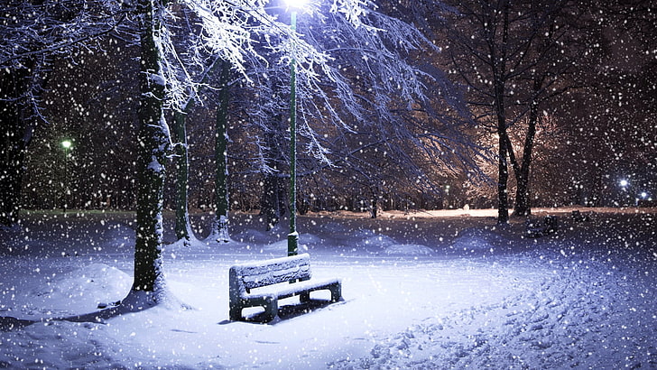 gray wooden bench, bench, snowfall, winter, lamp, light, precipitation, park, HD wallpaper
