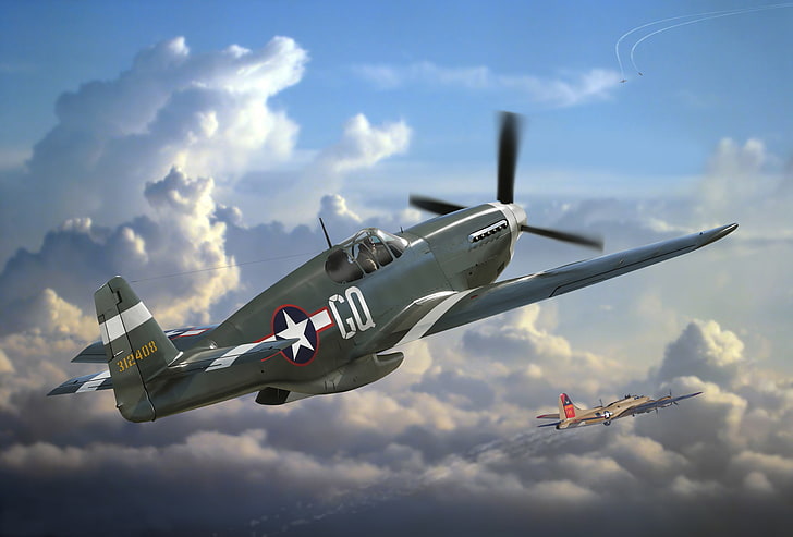 two brown and green jet fighters wallpaper, the plane, Mustang, fighter, art, USA, the battle, P-51, action, American, BBC, North American, WW2., single, far, the sky, radius, operation, 1942., 1984., HD wallpaper