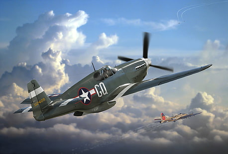 two brown and green jet fighters wallpaper, the plane, Mustang, fighter, art, USA, the battle, P-51, action, American, BBC, North American, WW2., single, far, the sky, radius, operation, 1942., 1984., HD wallpaper HD wallpaper
