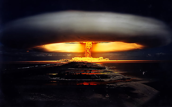 mushroom clouds, night, war, a nuclear explosion, HD wallpaper
