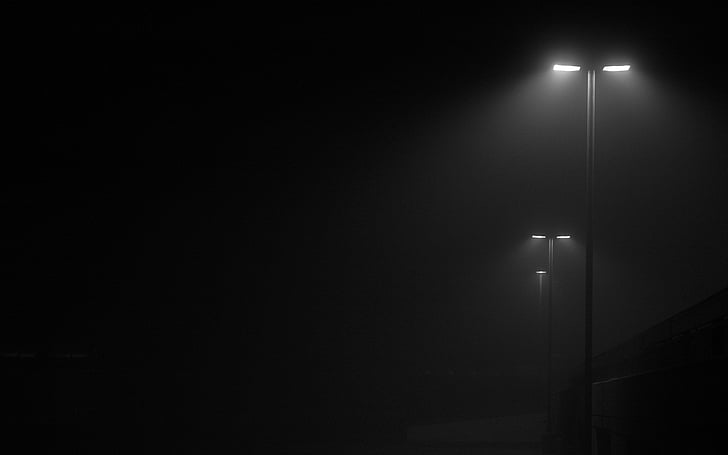oscuro, niebla, lámpara, luces, monocromo, poste, Fondo de pantalla HD