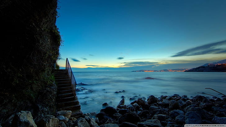 Stairs To Rocky Beach, aerial photo of stairs near rock and sea, beach, stairs, wall, city, rocks, nature and landscapes, HD wallpaper