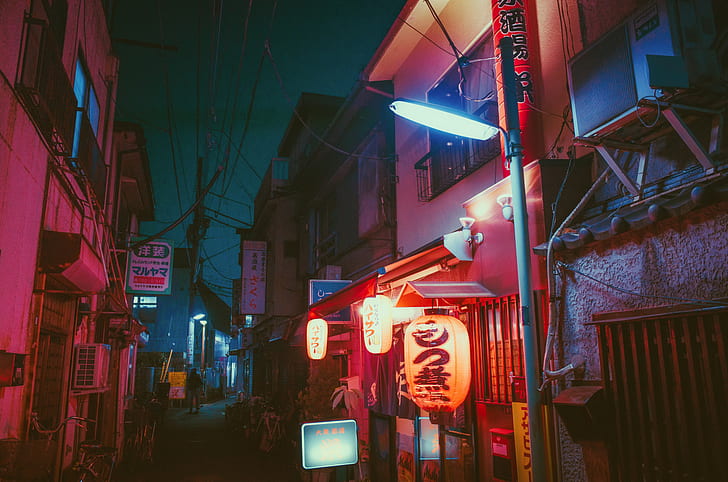 Япония, улица, улично осветление, градско, HD тапет