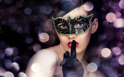 women's black and gold masquerade mask, girl, mask, look, masquerade, HD wallpaper HD wallpaper
