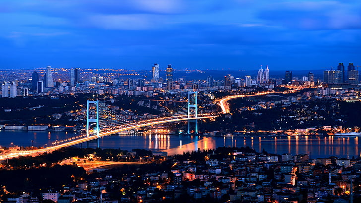 Вид с воздуха на столичный Стамбул, Турция мост, Турция, Стамбул, ночь, 4k, HD обои